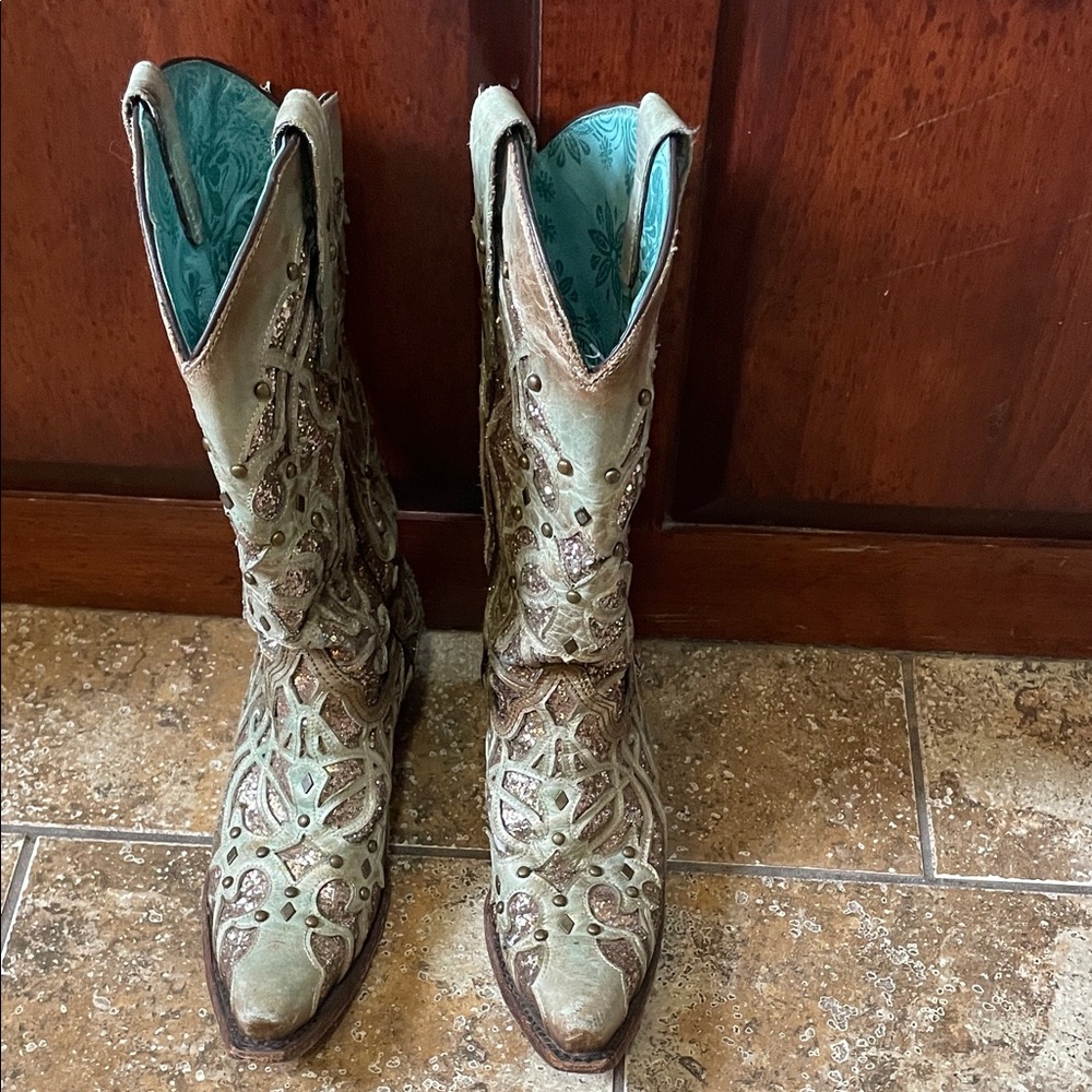Corral Glitter Embellished Green Women's Western Boots Genuine Leather Snip Toe - Picture 4 of 8